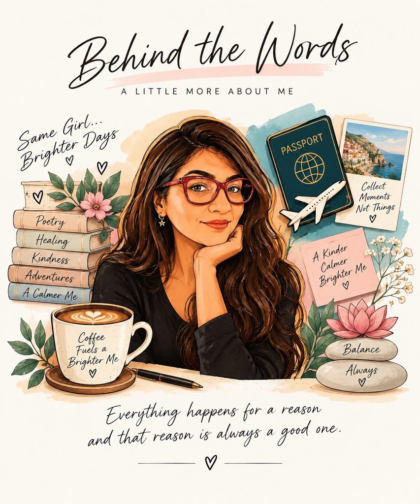 Illustrated portrait of Krishna surrounded by coffee, books, travel memories and flowers